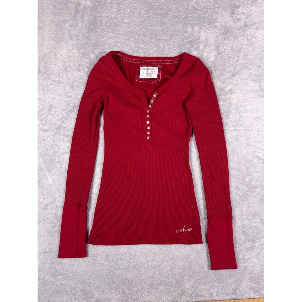 Aéropostale Womens Long Sleeve Henley Shirt 2000s S Red Embroidered Stretch